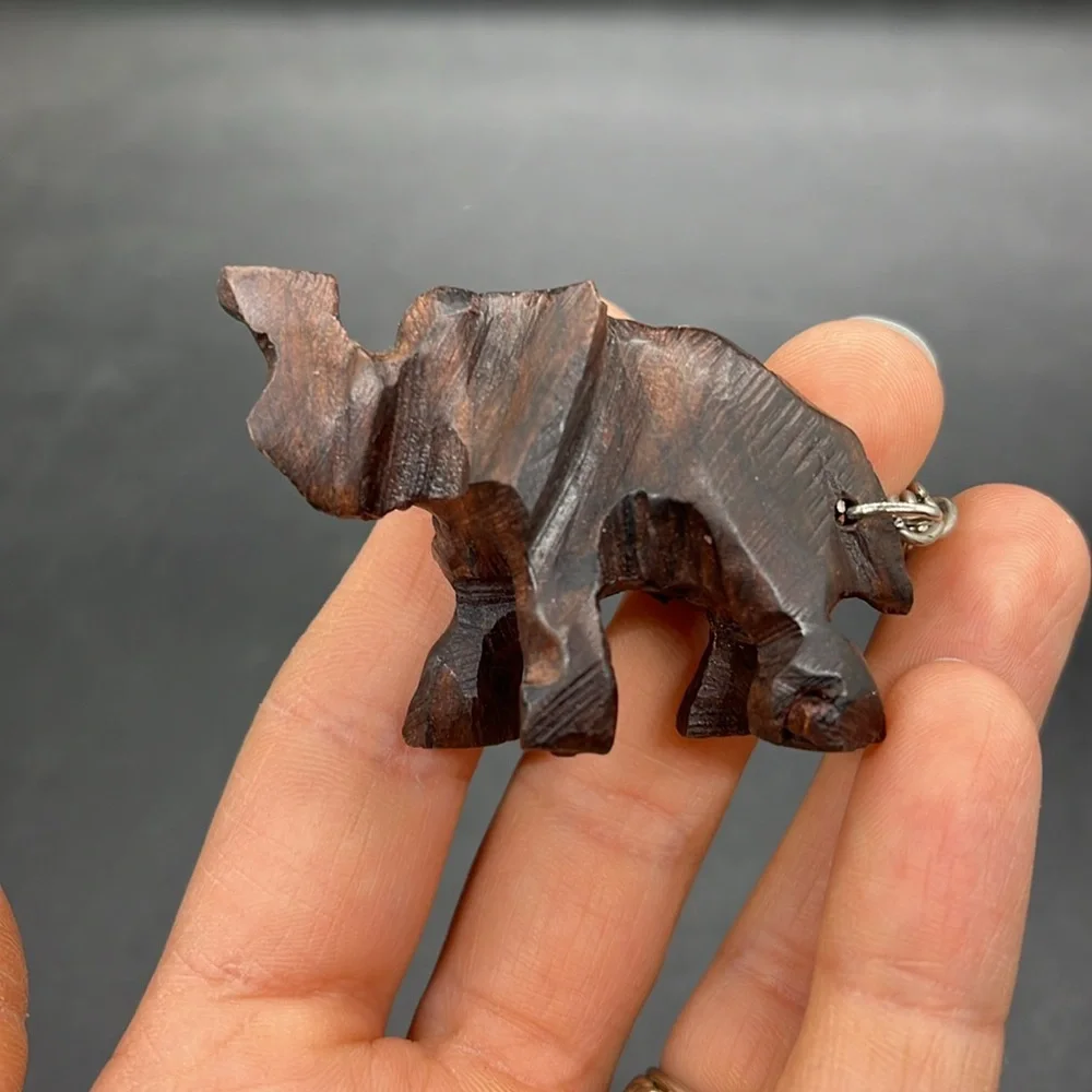 Hand-Carved Wooden Elephant Keychain - Dark Brown